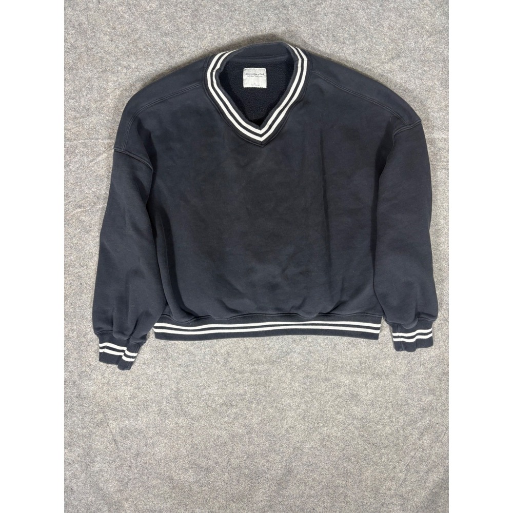 Abercrombie Fitch Soft A&F Collection V Neck Sweatshirt Black White Stripes Sz L - Picture 1 of 8